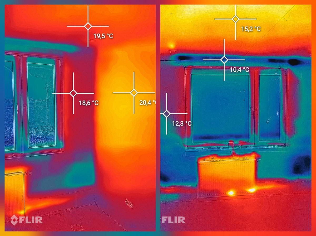Dwa termogramy pomieszczenia mieszkalnego ułożone obok siebie. Po prawej chłodne punkty pomiarowe: 15,2, 10,4 i 12,3 stopnia na ścianie i nadprożu okiennym, po lewej to samo miejsce z wartościami 19,5, 18,6 i 20,4 stopnia.